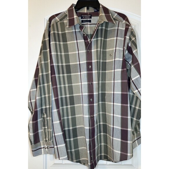 Roundtree & Yorke Shirt Men Size XL Dress Plaid Non Iron Collar Button Down Brow - Picture 1 of 9